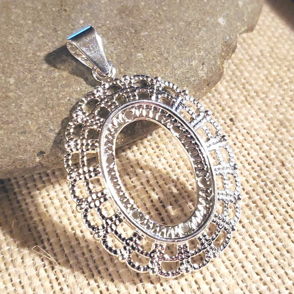 Sterling Silver Plate Art Nouveau Filigree 25x18mm Oval Cabochon Pendant Setting